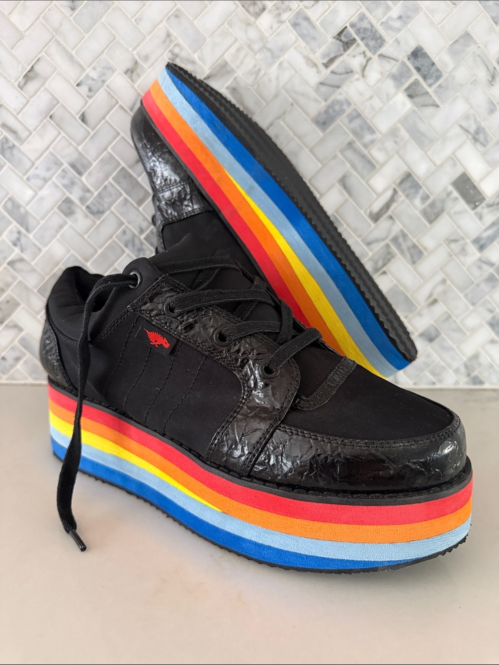 NEW Black Platform Rocket Dog Sneakers with Rainbow Stripe Pride Sole